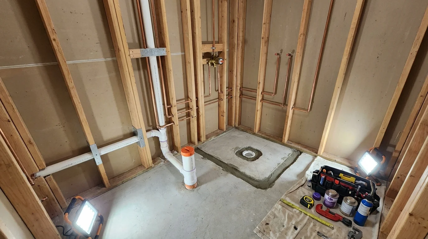 Bathroom rough-in plumbing during remodel by Johns Plumbing LLC in Latham