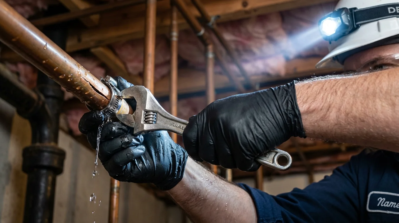 Emergency pipe clamp repair being performed by a Johns Plumbing LLC plumber in Latham