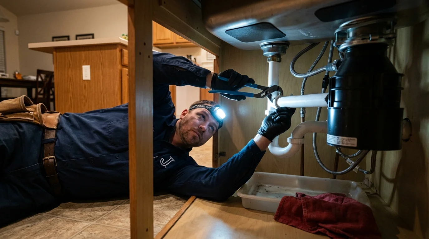 P-trap and supply line connections under a kitchen sink showing a common leak point in Latham, NY